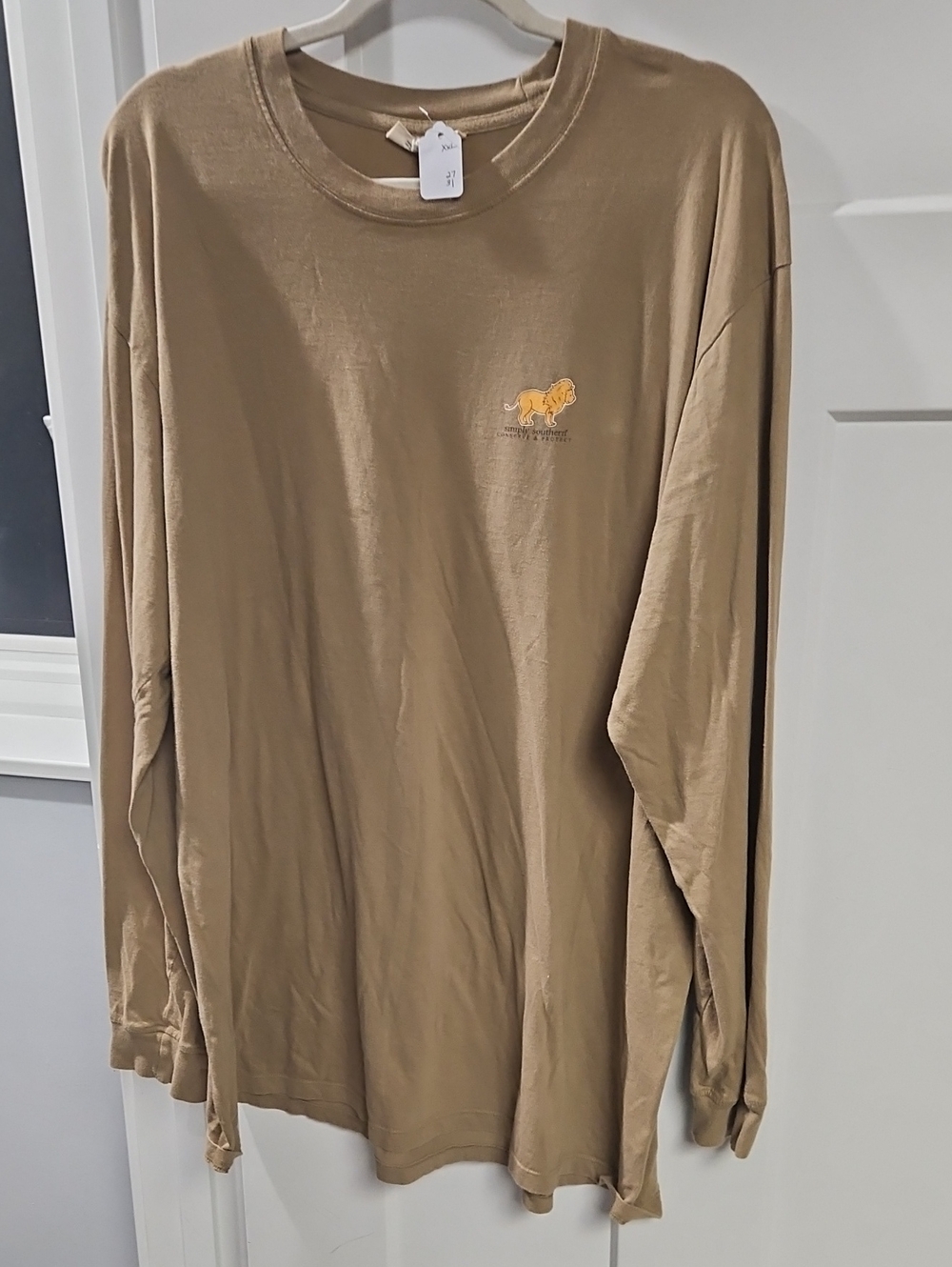 Simply Southern Long-Sleeve Crewneck Shirt in Tan with Lion Patch
